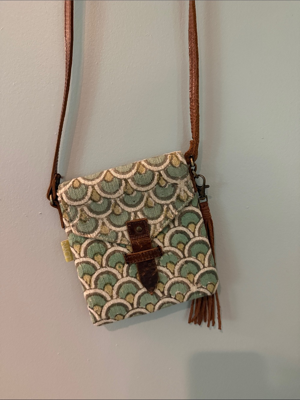 Patterned Green Canvas Crossbody with Brown Leather Trim